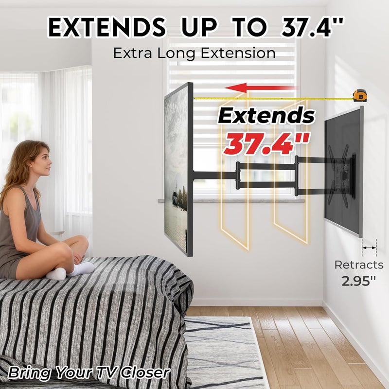 BONTEC TV Wall Mount for 26–65 Inch Flat and Curved Screens with 37.4 Inch Long Extension, Full Motion Swivel Design, Heavy Duty Bracket for Corner or Monitor Setup, Max VESA 400x400, Holds 77 lbs - Image 3